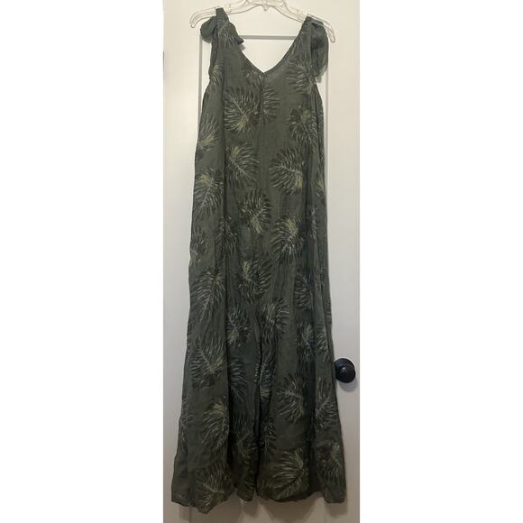 Women’s Small 100% Linen Olive Print Wide Jumpsuit Shoulder Bows Boho Lagenlook - Picture 12 of 16
